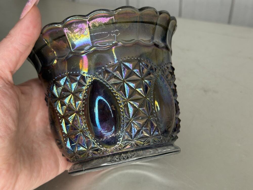 Vintage Imperial Glass Iridescent Smoky Purple Vase Trinket Dish Holographic